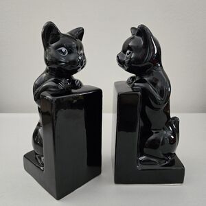 VTG 70s MCM Black Ceramic Cat Kitten Coin Bank Bookends Set Of 2 Made In Japan